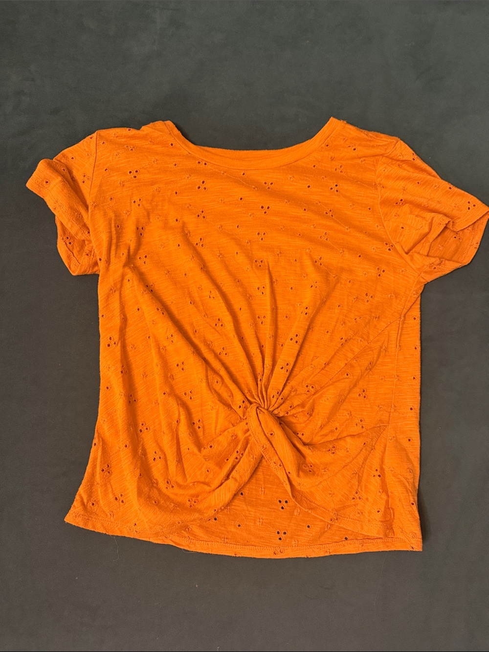 Twist-Front Eyelet Short Sleeve Tee in Orange